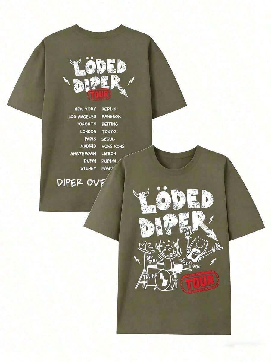 LODED DIPER Men's Casual Printed Cotton T-Shirt With Double-Sided Print, 100% Cotton, Unisex Crew Neck Summer T-Shirt - 軍綠色 - 查看 1