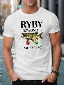 Camiseta Gráfica Divertida para Hombre con Humor Polaco - Diseño de Peces y Hongos "Ryby Dziona Musze Isce", Camiseta Casual de Verano Negra, Corte Regular Cuello Redondo, Tejido Ligero y Transpirable para Vestir Casual, Regalo Humorístico para Hombres, Ropa Divertida | Diseño Juguetón | Ajuste Cómodo, Camiseta de Peces, Camisetas Graciosas, Perfecta para Decoración de Habitación - Blanco - Ver 7