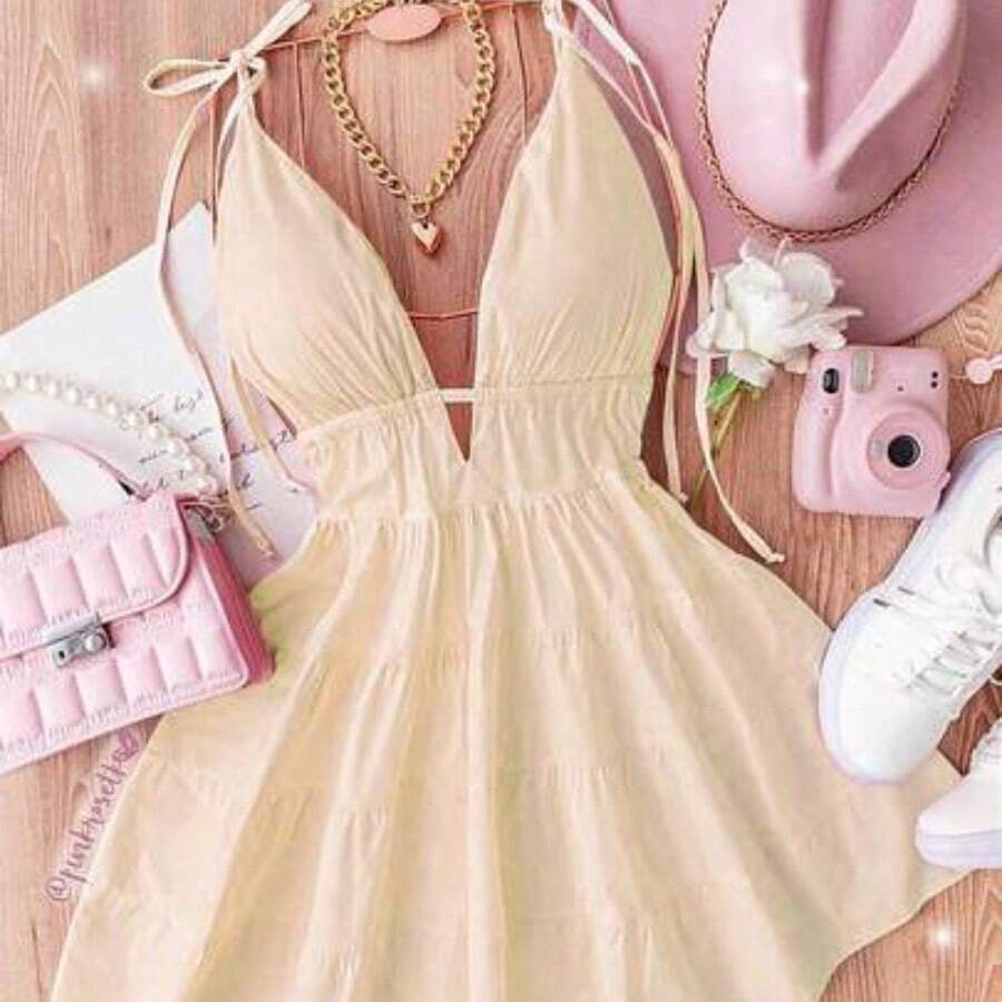 Everyssa Vestido de mujer de unicolor con cuello en V, tirantes con lazo, sin mangas y con volantes en el bajo - Albaricoque - Ver 1