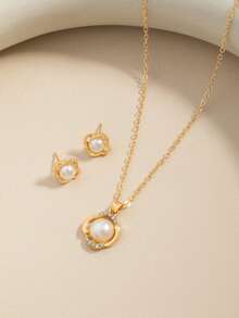 3 pièces/set Collier et boucles d'oreilles minimalistes à la mode avec faux perles, ensemble de collier pendentif et boucles d'oreilles au design unique et élégant, cadeau pour amis et petites amies - Style 8 - Voir 1