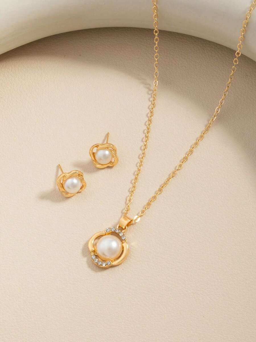 3 pièces/set Collier et boucles d'oreilles minimalistes à la mode avec faux perles, ensemble de collier pendentif et boucles d'oreilles au design unique et élégant, cadeau pour amis et petites amies - Style 8 - Voir 1