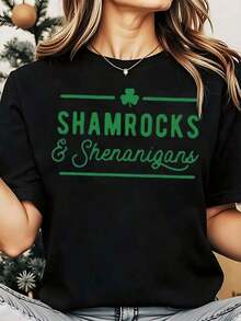 Women's T-Shirt With Shamrock Design And Fun Motifs For St. Patrick's Day Celebration, Comfortable Casual Wear, St. Patrick's Day T-Shirt, Shamrock T-Shirt, Ireland T-Shirt, 100% Pure Cotton, Women's T-Shirt, Bohemian Style - 黑色 - 查看 1