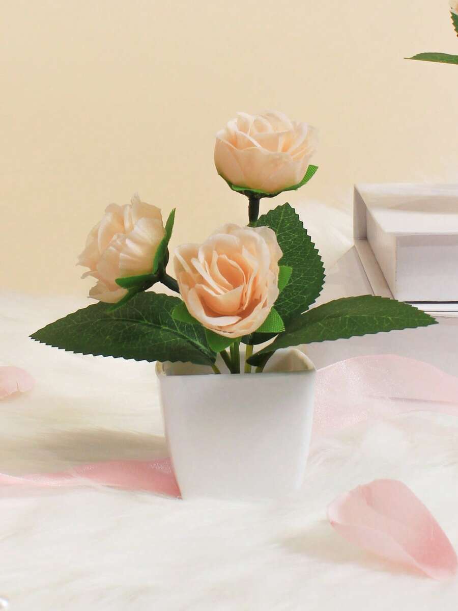 Vaso de 3/4 com 12 cm (4,7 polegadas) de altura, mini rosa artificial em vaso, decoração para sala de estar, quarto, banheiro, estante, enfeite delicado para casamento, mesa e decoração em geral. - Multicolorido - Ver 1
