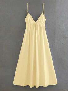 Women's Summer Vacation Solid Color Backless Spaghetti Strap Dress - Màu vàng - Xem 4