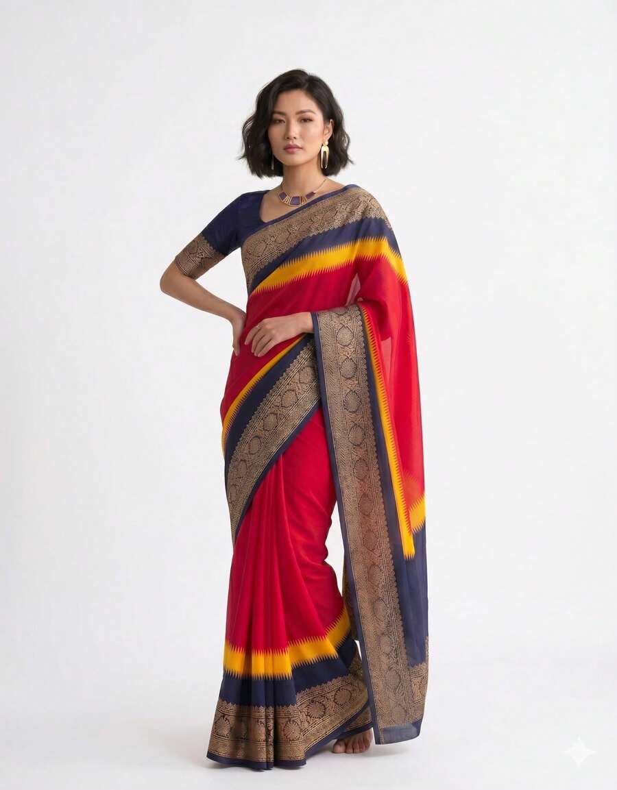 Estationeryhouse Georgette Saree With Gold Border - Rosa Fucsia - Ver 1