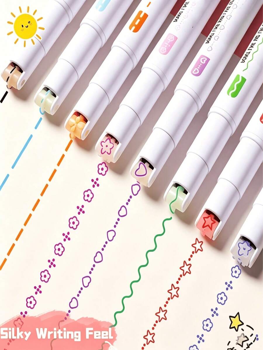 6pcs Floral Outline Markers, Oblique Tip, Floral Markers, Suitable For Scrapbooking, Student Craft Enthusiasts, Gifts, Back To School Season - Highlighter - View 1
