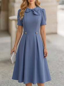 Vestido de fiesta y viaje de unicolor y plisado para mujeres de edad media y mayores - Azul - Ver 3