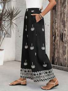 Pantalones anchos de pierna ancha con bolsillo y estampado de palmeras para mujer - Negro - Ver 4