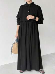 Vestido largo maxi casual y versátil de mujer con cuello de camisa, manga larga, hombros caídos, plisado y unicolor negro, para otoño/invierno, apto para oficina y uso casual - Negro - Ver 5