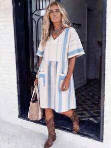 Wandoria Vestido casual de mujer con cuello en V y mangas cortas de color contrastante - Azul - Ver 3