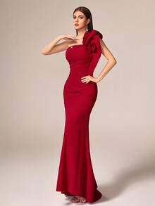 VIPGIRL New Arrival Burgundy One Shoulder Elegant Formal Gown With 3D Floral Decor, Sequin Patchwork And Ruffle Design, High-End Ladies Evening Dress - Burgundy - View 7