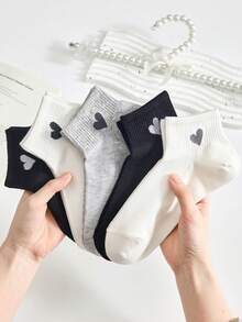 5 Pairs Random Color Kids' Black, White, Gray Heart Solid Color Breathable Mesh Elastic Casual Socks, Suitable For Daily Wear - Multicolor - View 6