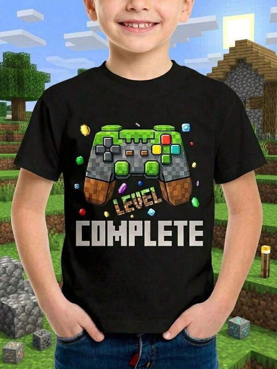 Toddler Boys' Casual Graphic T-Shirt, Pixel Controller Design Video Game T-Shirt, Crew Neck Summer Top Suitable For Children Ages 3-8, Aesthetic Video Game Themed Activewear For Everyday Wear, Birthday Party Gift Idea, Breathable And Comfortable Sportswear, Black, Girls' Clothing, Teen Tops, Blouses, Girls' Blouses, Unisex. Free Shipping - 黑色 - 查看 1