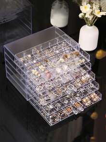 1pc Transparent Plastic Jewelry Box Drawer Style Multi-Layer Earring Ring Accessory Dust-Proof Display Storage Case With 120/72 Grids, Gift For Valentine's Day - Clear - View 8