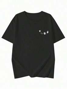 Camiseta de manga corta estilo japonés para mujer, holgada, informal, con cuello redondo, estampado de letras y cachorros, versátil para primavera/verano, negra - alta calidad - Negro - Ver 4