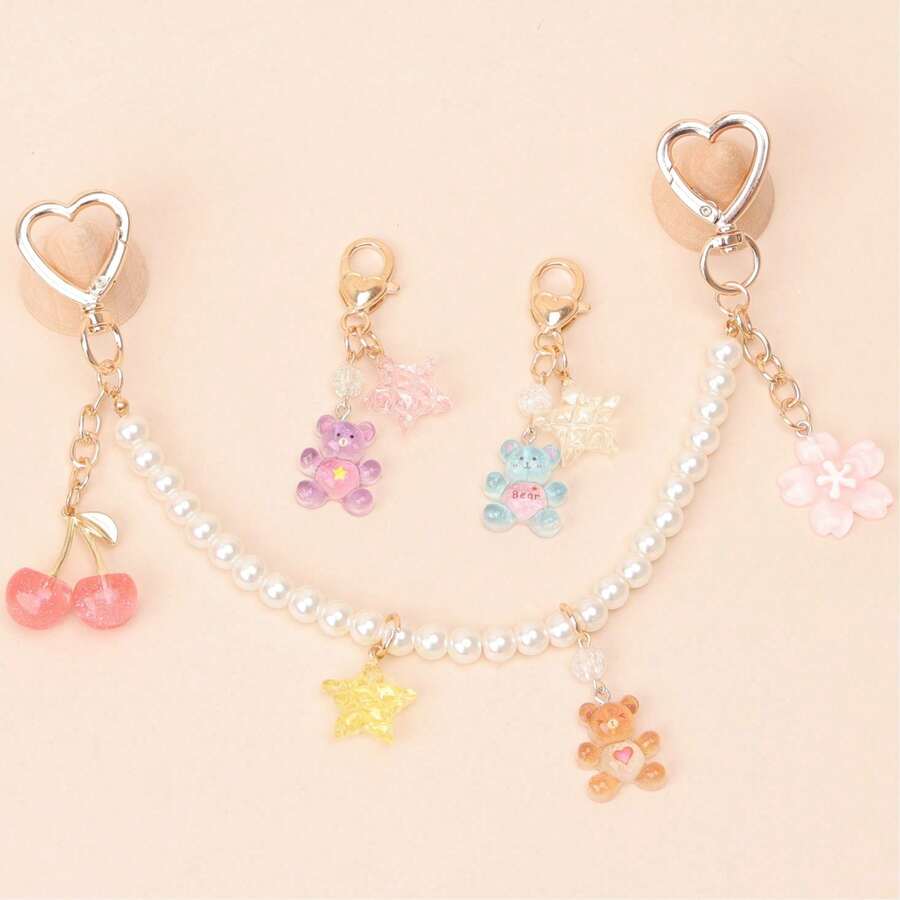 1 chiếc dây chuyền dài đính hạt ngọc trai giả dễ thương, mặt dây chuyền hình hoa 5 cánh trong suốt, mặt dây chuyền hình ngôi sao 5 cánh bằng nhựa trong suốt hình gấu dễ thương, mặt dây chuyền túi xách. - Nhiều màu - Xem 1