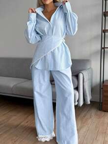 Women'S Casual Striped Button-Down Long-Sleeved Collared Shirt And Loose Wide-Leg Trousers Two-Piece Set, Autumn Women'S Clothing - 藍色 - 查看 1