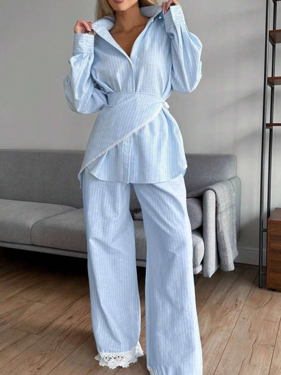 Women'S Casual Striped Button-Down Long-Sleeved Collared Shirt And Loose Wide-Leg Trousers Two-Piece Set, Autumn Women'S Clothing - 藍色 - 查看 1
