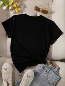 Camiseta Casual de Mujer de Punto con Cuello Redondo, Manga Corta, Hombros Caídos y Largo Regular - Negro - Ver 3