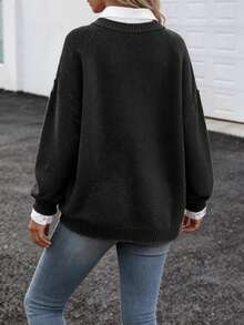 Cárdigan de cuello en V, unicolor casual con bolsillo de punto, cierre con botones, para uso diario, otoño/invierno - Negro - Ver 2
