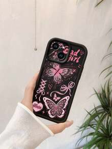 1 Piece Shockproof, Waterproof And Scratch Resistant Phone Case With Lens Protection, Pink Graffiti Butterfly And Black  Design, Compatible With Apple///, International Version, Not The Domestic Version - 黑色 - 查看 6