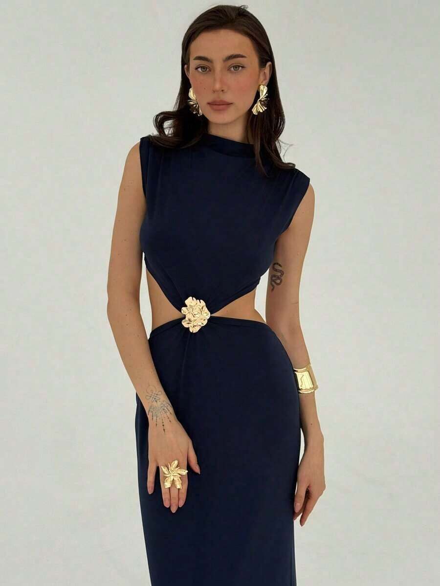 xheAloruh Vestido de mujer con diseño floral calado y diseño de cintura sexyxhe - Azul - Ver 1