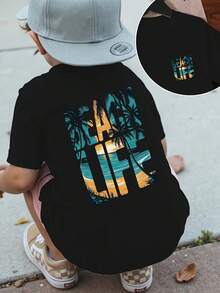 Kids' Surf T-Shirt With Palm Tree Print - Light Yellow And Turquoise With Surf Print On The Back, Short Sleeve And Round Neck, Casual Summer Top For Pool Parties, Surfing And Coastal Style - Machine Washable Kids' Surf Clothing - 黑色 - 查看 2