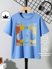Boys' T-Shirt "This Boy Loves Monster Trucks" 100% Cotton, Soft And Comfortable For Everyday Wear, Suitable For Home, Outdoors And Sports Activities, Comfortable And Breathable - 藍色 - 查看 7