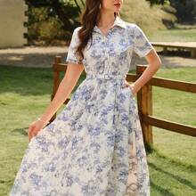 Vestido de mujer elegante y vintage con bolsillos y cinturón, vestido camisero con estampado floral, cierre con botones, vestido casual para ir y venir, vacaciones, vestidos de verano para mujer, atuendos de vacaciones de verano, atuendos de primavera para mujer, vestidos de primavera para mujer, ropa de primavera para mujer, atuendos de vacaciones de primavera, vestidos elegantes para fiestas, vestidos elegantes para fiestas para mujer, vestido de invitada de boda para mujer, vestido - Azul y blanco - Ver 7