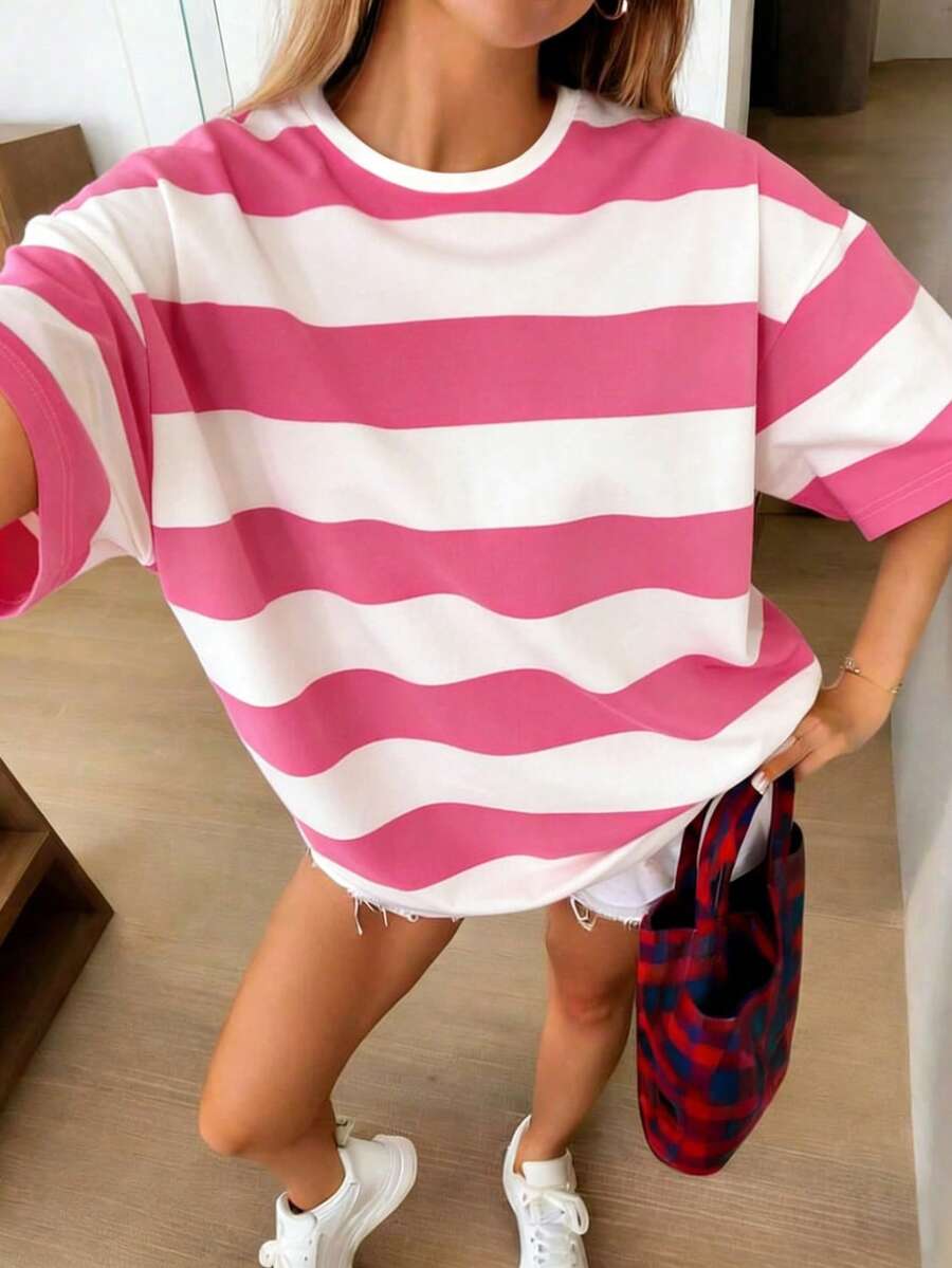 Dopamine Striped Colorblock Loose Fit Short Sleeve T-Shirt For Women, Oversized Casual Versatile Striped Fabric Tee For Summer, Beach, Date, Daily Wear, Office - Multicolor - View 1