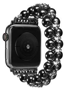 双排珍珠钻石表带，适用于 38mm、40mm、41mm、42mm、44mm、45mm、46mm、49mm 表带 - 女士弹性表带 - 优雅时尚的珍珠钻石闪耀设计 - 舒适轻盈，经久耐用 - 适合 5.5-6.3 英寸手腕 - 替换表带配件 - 黑色 - 查看 21
