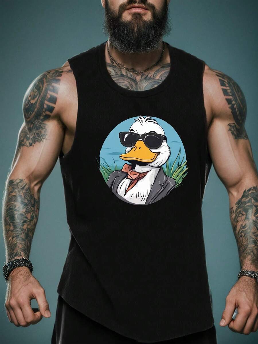 Camiseta sin mangas para hombre con estampado de pato, ideal para verano y uso casual - Negro - Ver 1