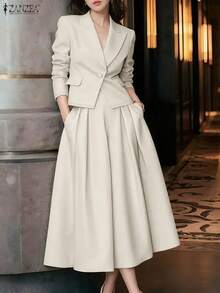 ZANZEA 2026 Spring Office Women 2 Piece Sets Elegant Long Sleeve Blazer Dress Suit Fashion Work OL Tracksuit Skirt Outfits For Business - 杏色 - 查看 2