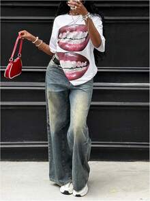 Y2K - Women's T-Shirts With Lip Print, Round Neck, Short Sleeve, Loose Fit And Versatile Shirt - Blanco C - 查看 5