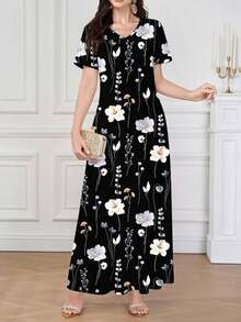 Al Najma Vestido azul marino elegante de mujer con cuello en V, de manga corta, con estampado floral, que se puede usar como prenda exterior o interior/vestido de trabajo, adecuado para citas, vacaciones, uso diario, casual, fiestas, festivales, vestido largo, vestido largo de primavera/verano para mujer, vestido largo fluido, vestido largo floral, vestido azul marino - Negro 2 - Ver 5