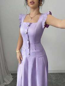 Vestido largo elegante estilo bohemio para vacaciones, con escote en V, mangas abullonadas, cintura ceñida, falda plisada de línea A, bolsillo con cremallera, cierre con botón de perla, adecuado para primavera/verano - Púrpura malva - Ver 3