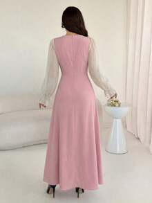 Vestido de mujer con parches tejidos, decoración de lazo y cintura ceñida - Rosa 2 - Ver 2