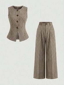 PariChic Conjunto de blazer sin mangas y pantalones a cuadros vintage 2026 - Detalles de botones de cintura alta, versátil y elegante conjunto de dos piezas para la oficina casual y las vacaciones - Multicolor 4 - Ver 3