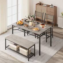 Space-Saving 4 Piece Dining Table Set Rectangular Kitchen Table With Wine Rack – Modern Vintage Style - Grey - View 3