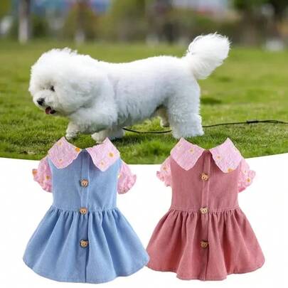 Cute Pet Princess Dress With Adorable Bear Buckle, Soft & Breathable Cat/Dog Clothes For Spring/Autumn