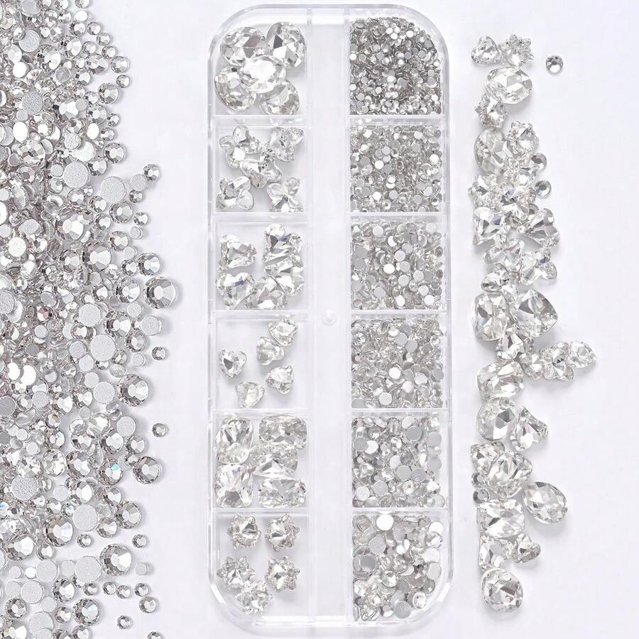 12 Pieces Of 3D Clear Crystal Nail Stickers Mixed With Oval Diamonds, Butterflies, Hearts And Round Rhinestones For Nail Decoration. - 淺粉色 - 查看 1