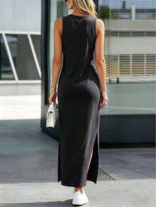 Vestido sin mangas de unicolor con abertura lateral, estilo casual de verano - Negro - Ver 4