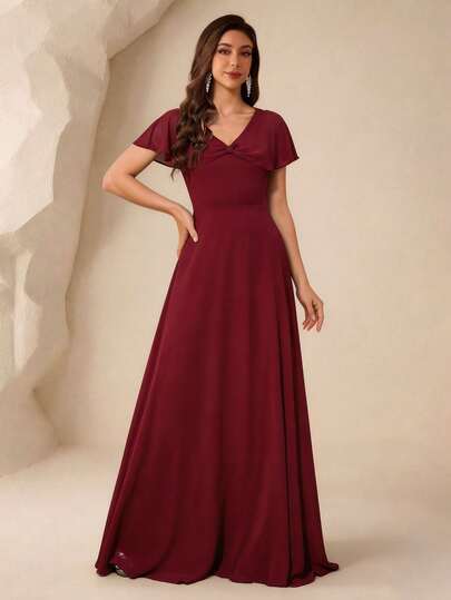 Đầm dạ hội nữ cổ điển thanh lịch không tay cổ chữ V màu đỏ tía bằng vải chiffon, thích hợp làm đầm phù dâu, phù hợp cho sinh nhật, đám cưới, tiệc tối trang trọng, lễ tốt nghiệp, tiệc lễ hội và các dịp khác.
