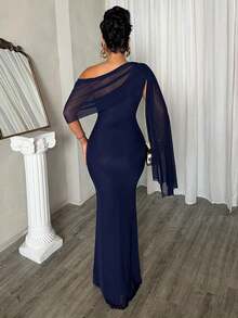 Dayanna Comas Vestido de mujer de unicolor con hombros asimétricos - Azul marino - Ver 2