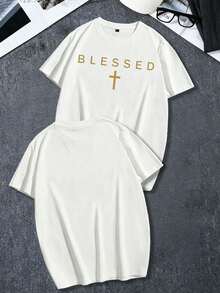 Camiseta de manga corta con estampado de eslogan en inglés casual y versátil para hombres de talla grande - Blanco - Ver 3