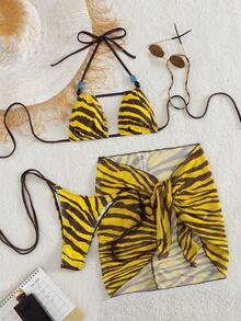 3pcs/Set Women's Sexy Backless Tie-Knot Allover Print Bikini Swimwear, Suitable For Beach, Resort, Stage And Concert In Summer Vacation Yellow - Yellow - View 4