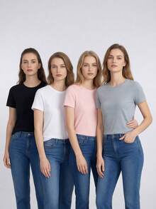 4pcs Women's Solid Color Short Sleeve T-Shirts, Lightweight Round Neck Undershirts, Summer Tops - Black & White & Pink & Gray - View 2