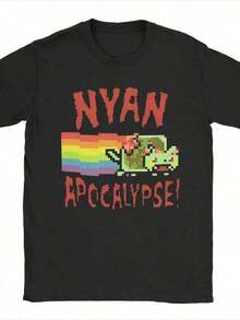 Men's And Women's Vintage Pure Cotton Short-Sleeved T-Shirts With Funny Internet Meme Design From The Game Nyan-Cats Apocalypse, Novelty Clothing. - 軍綠色 - 查看 7