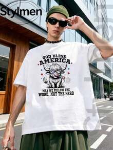 Men's "God Bless America Bull Word Not Herd" Summer T-Shirt, 100% Washed Cotton, Printed, Round Neck, Short Sleeve, Casual Fashion And Loungewear - 黑色 - 查看 6