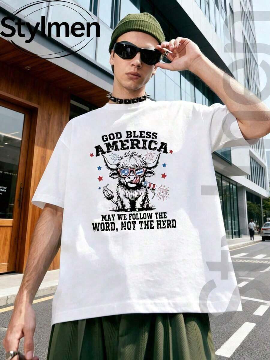 Men's "God Bless America Bull Word Not Herd" Summer T-Shirt, 100% Washed Cotton, Printed, Round Neck, Short Sleeve, Casual Fashion And Loungewear - 白色 - 查看 1